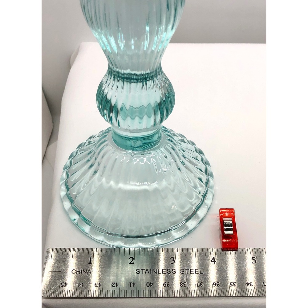 Aqua Blue Ribbed Glass Taper Candlestick Holder Vintage Style 9.75 Inch Coastal - Picture 3 of 10